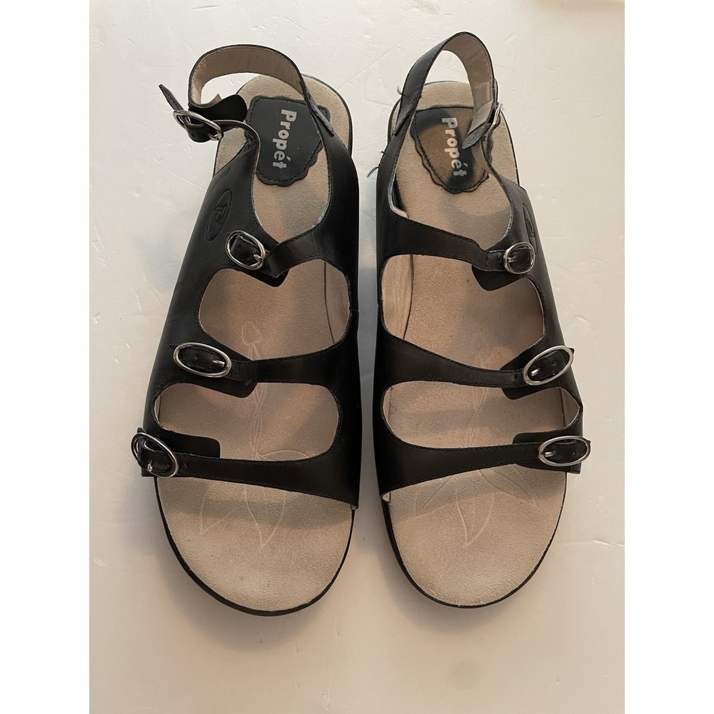 Propet Women's 10 M (B) Black Leather 3 Adjustable Strap Comfort Sandals W0176
